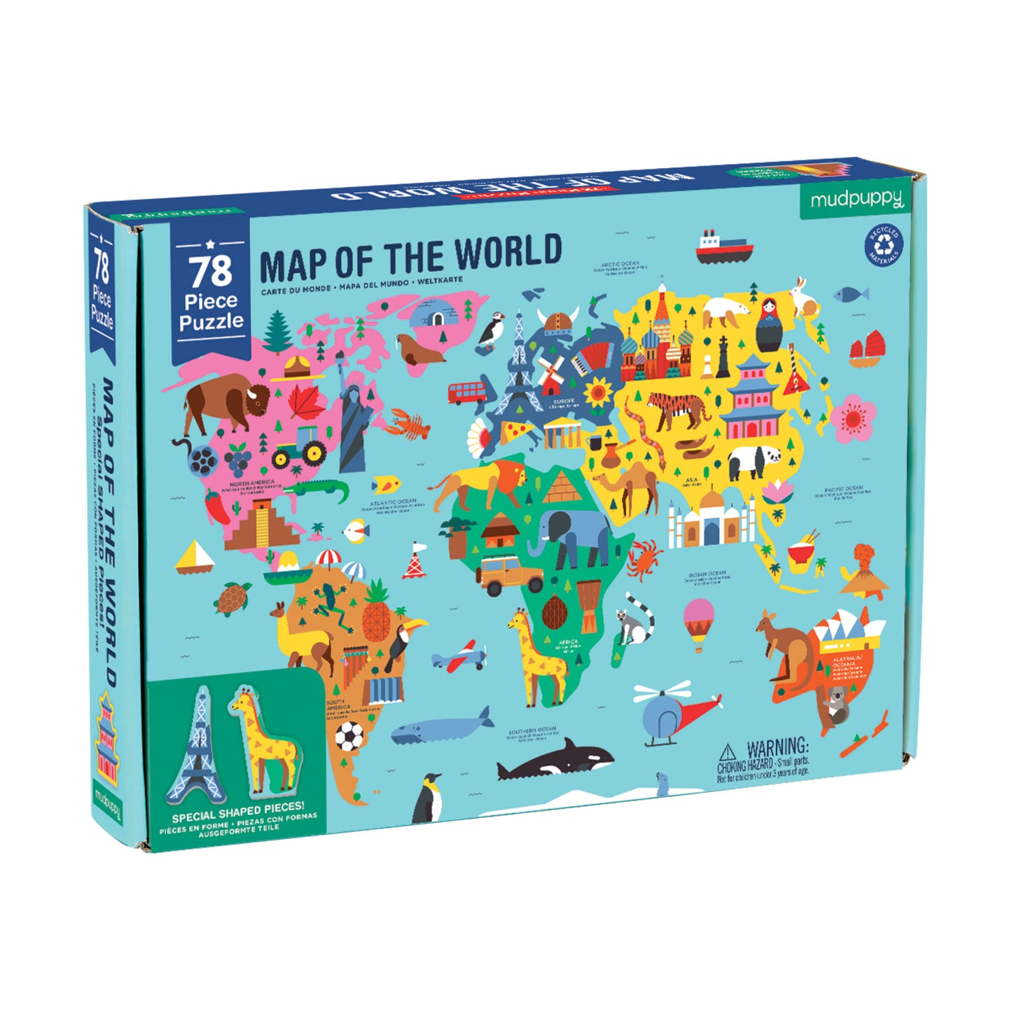 Puzzle box with a colorful map of the world design on a blue background