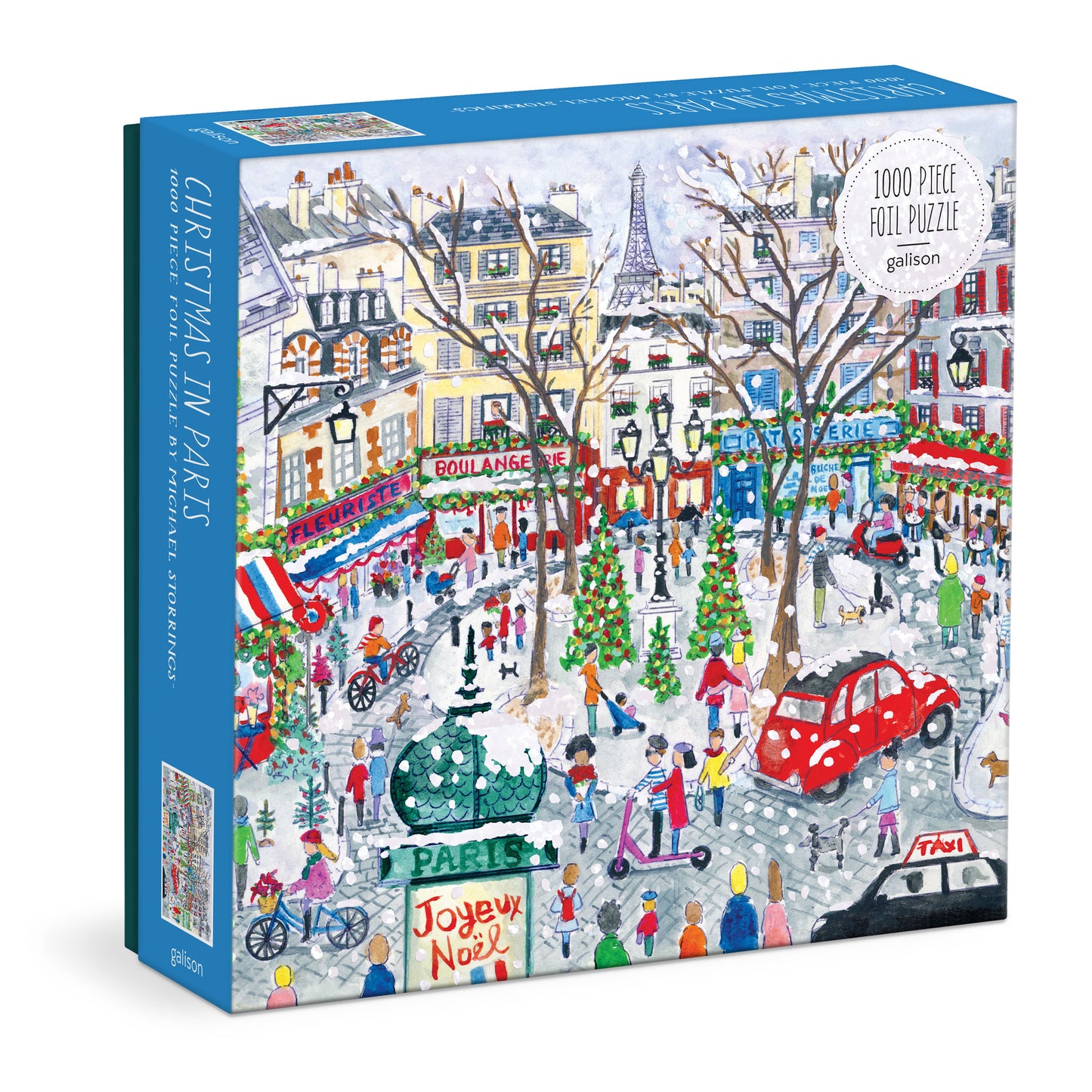 Gallison Christmas in Paris puzzle box with colorful illustration of a snowy street scene.