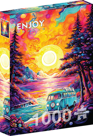 ENJOY Van Life at the Beach 1000-piece jigsaw puzzle featuring a colorful camper van parked by the beach with ocean views, palm trees, and a relaxing coastal atmosphere.