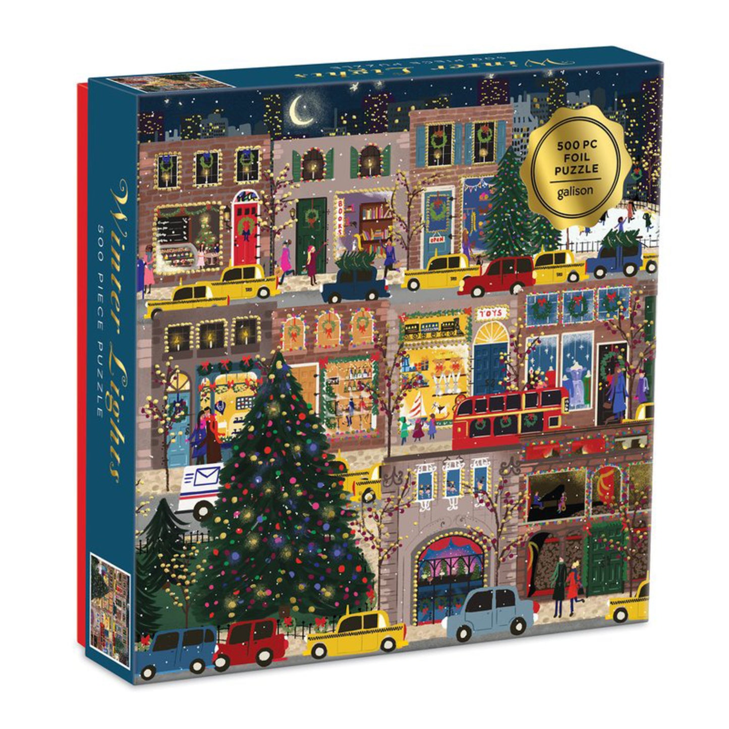 Galison Winter Lights 500-piece foil jigsaw puzzle featuring a snowy holiday village with glowing Christmas lights and shimmering foil accents.
