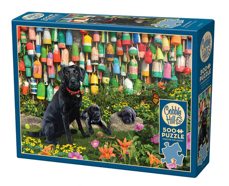 Cobble Hill Good Buoys 1000-piece jigsaw puzzle featuring happy dogs enjoying a lakeside adventure with boats, docks, and beautiful outdoor scenery.