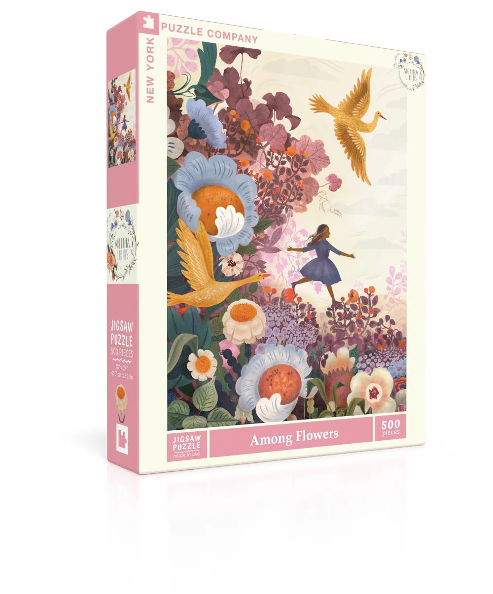 New York Puzzle Company Among Flowers 1000-piece jigsaw puzzle featuring vibrant flowers, lush gardens, and beautifully illustrated botanical scenery.