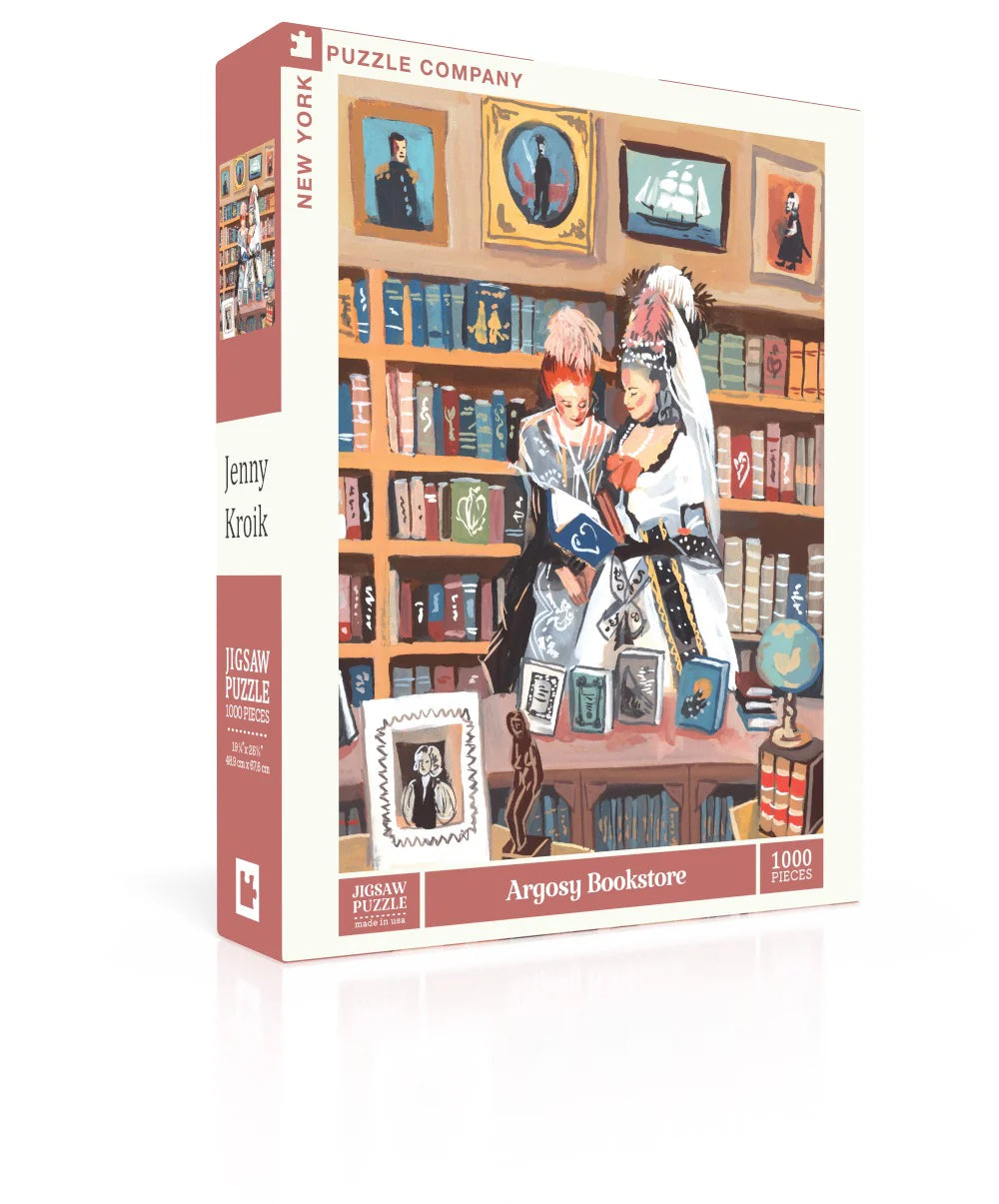 New York Puzzle Company Argosy Bookstore 1000-piece jigsaw puzzle featuring the iconic Argosy Bookstore with towering bookshelves, rare books, and a classic literary atmosphere.
