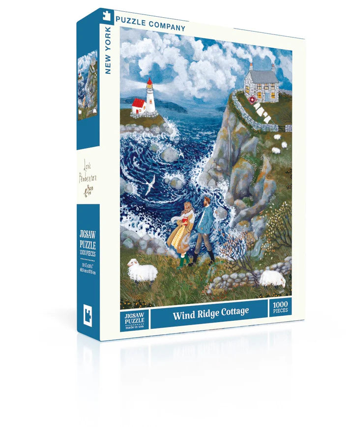 New York Puzzle Company Wind Ridge Cottage 1000-piece jigsaw puzzle featuring a charming countryside cottage surrounded by peaceful gardens and beautiful natural scenery.