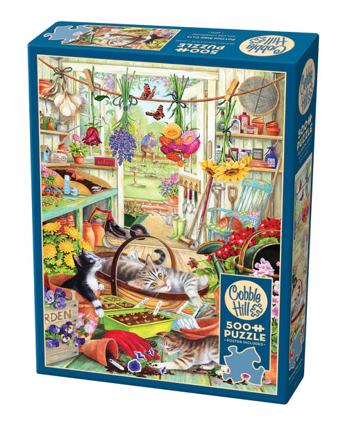 Cobble Hill Potting Shed Cats 1000-piece jigsaw puzzle featuring playful cats exploring a charming potting shed filled with flowers, plants, and colorful gardening supplies.