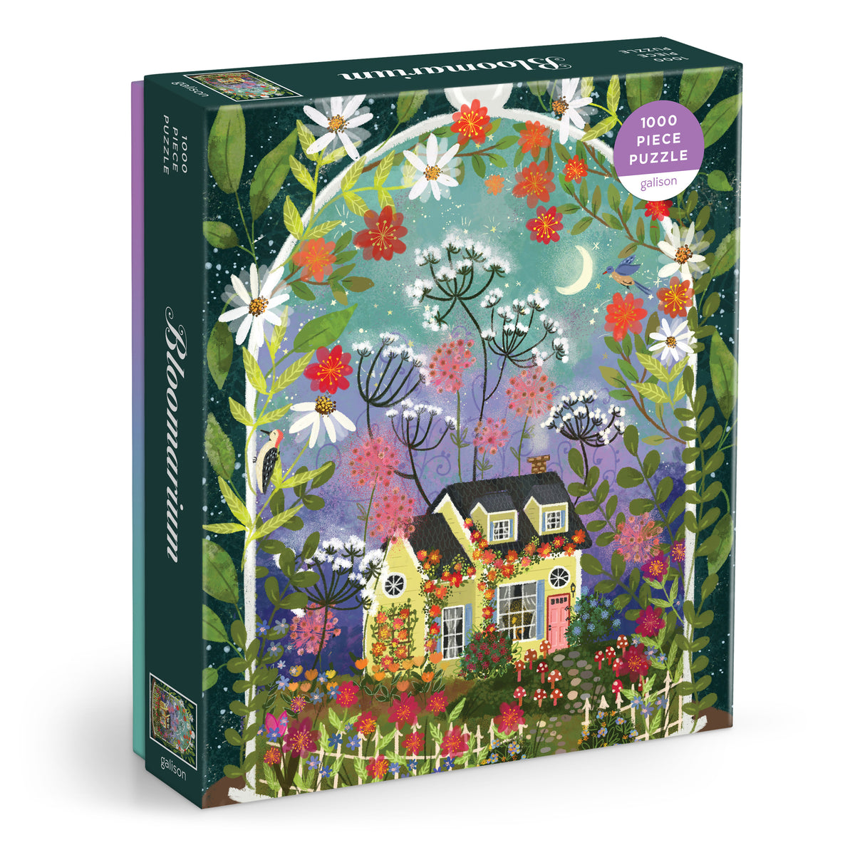 Galison Joy Laforme Bloomarium 1000-piece jigsaw puzzle featuring a vibrant flower shop overflowing with colorful blooms, lush plants, and whimsical botanical artwork.