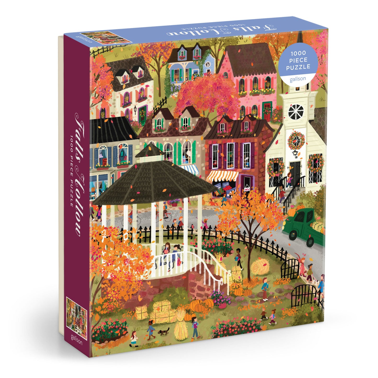 Galison Joy Laforme Falls Hollow 1000-piece jigsaw puzzle featuring a charming autumn village with colorful fall foliage, cozy cottages, and whimsical seasonal artwork.