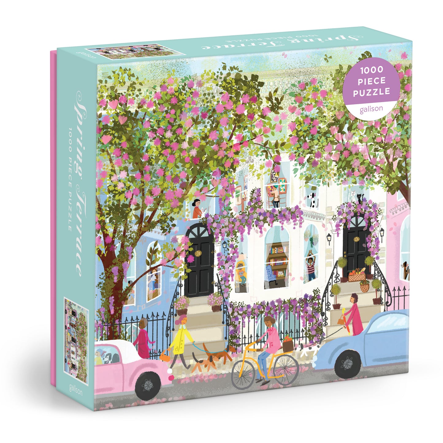 Galison Joy Laforme Spring Terrace 1000-piece jigsaw puzzle featuring a charming terrace surrounded by blooming flowers, elegant garden décor, and bright spring colors.