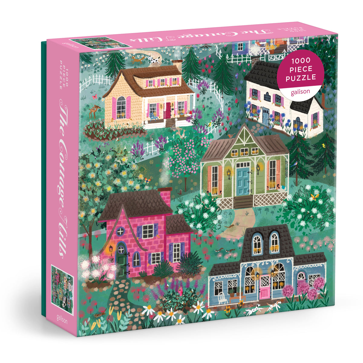 Galison Joy Laforme The Cottage Hills 1000-piece jigsaw puzzle featuring picturesque countryside cottages surrounded by rolling hills, blooming gardens, and vibrant landscapes.