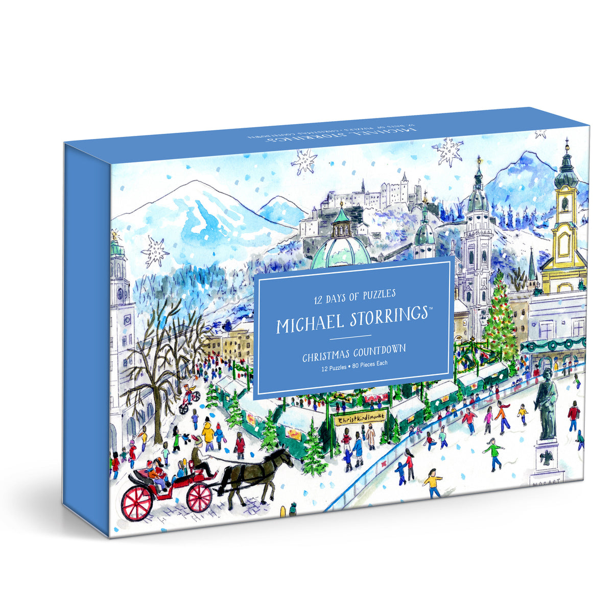 Galison Michael Storrings 12 Days of Christmas Advent Puzzle Calendar featuring twelve festive 80-piece Christmas jigsaw puzzles with holiday illustrations.