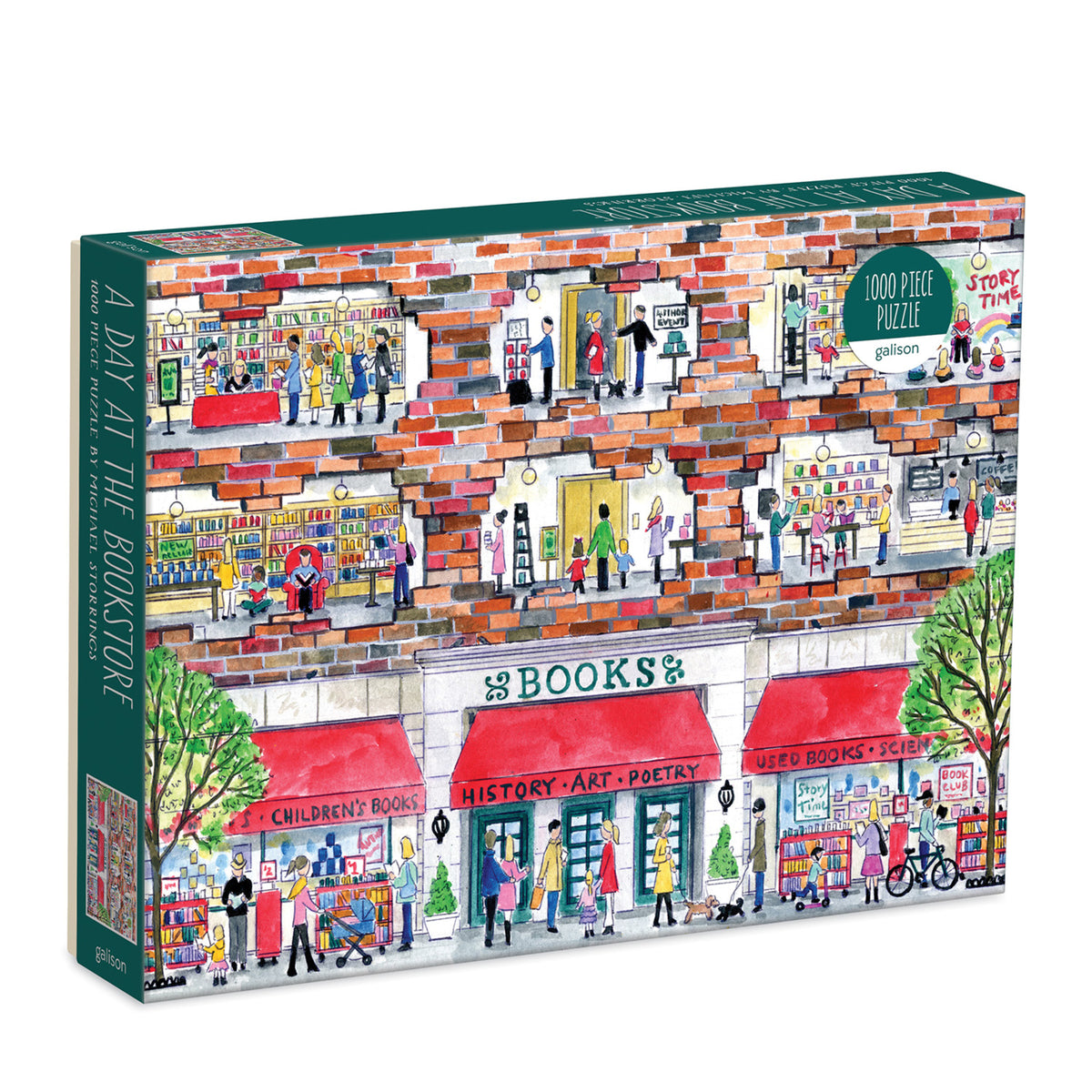 Galison Michael Storrings A Day at the Bookstore 1000-piece jigsaw puzzle featuring a charming independent bookstore filled with books, readers, and cozy literary scenes.
