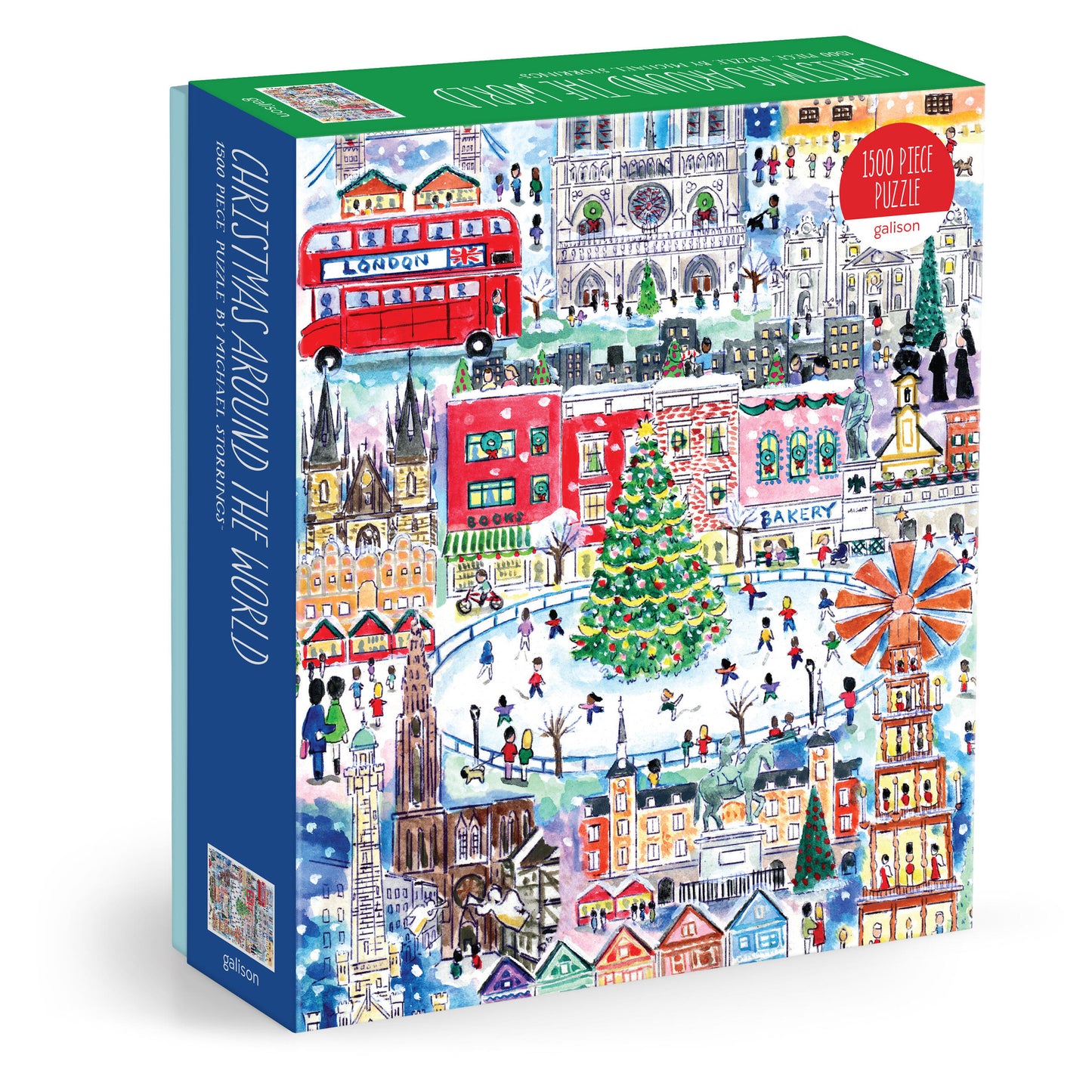 Galison Michael Storrings Christmas Around The World 1500-piece jigsaw puzzle featuring iconic holiday celebrations, festive landmarks, Christmas traditions, and vibrant seasonal artwork from around the world.
