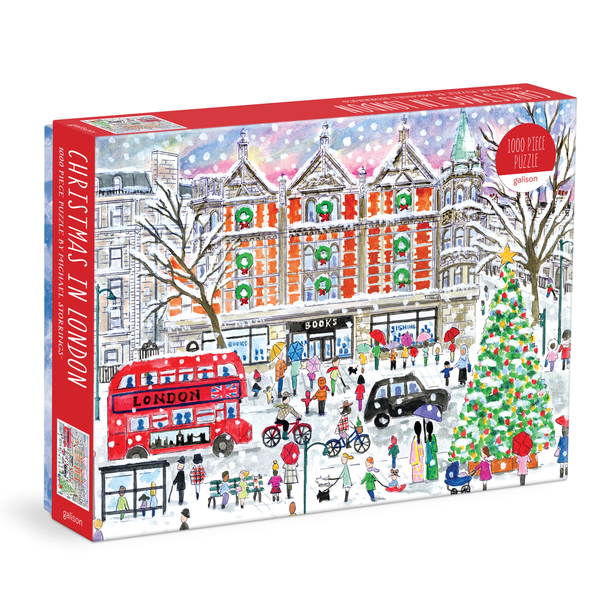 Galison Michael Storrings Christmas in London 1000-piece jigsaw puzzle featuring festive London streets decorated with holiday lights and seasonal celebrations.