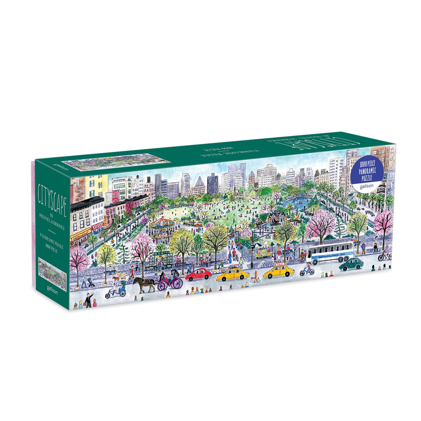 Galison Michael Storrings Cityscape 1000-piece panoramic jigsaw puzzle featuring a colorful urban skyline with iconic buildings, busy streets, parks, and lively city life.