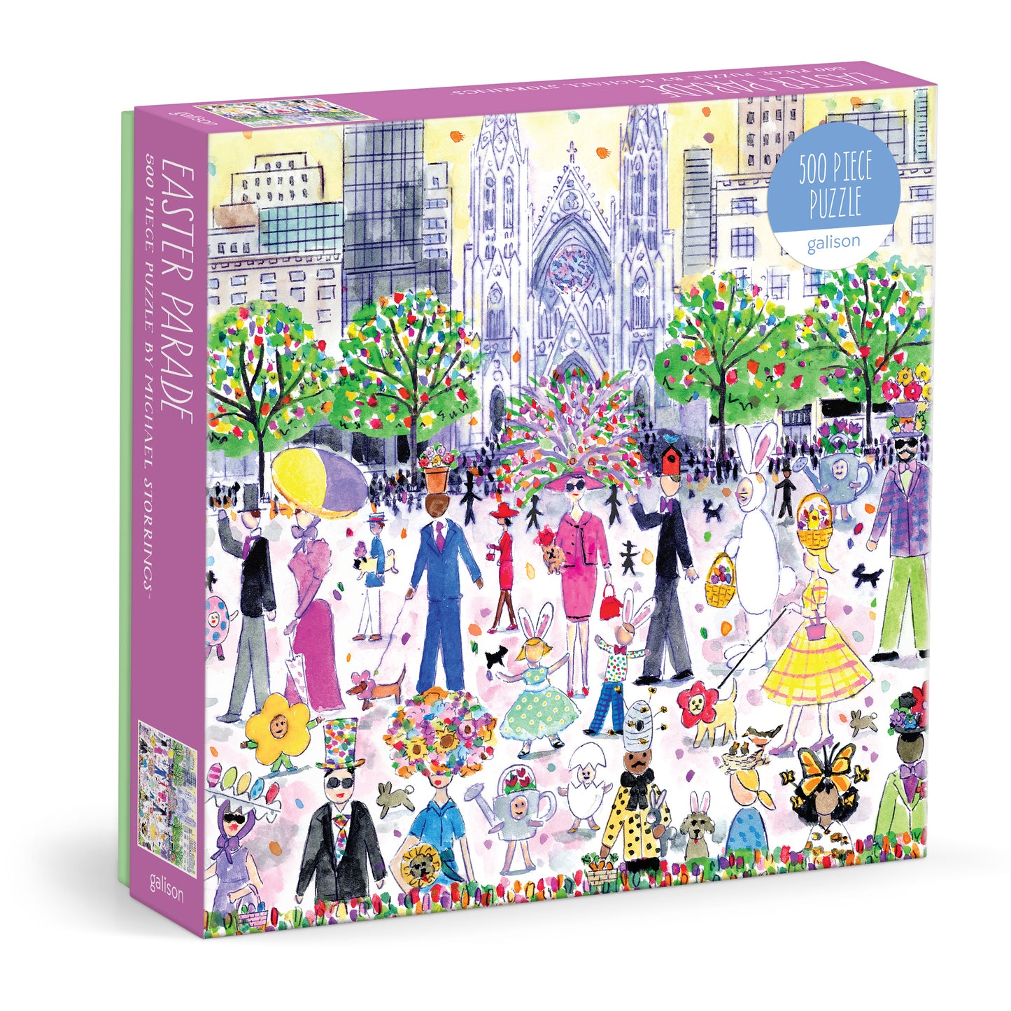 Galison Michael Storrings Easter Parade 500-piece jigsaw puzzle featuring a joyful Easter parade with festive costumes, spring flowers, colorful eggs, and cheerful city streets.