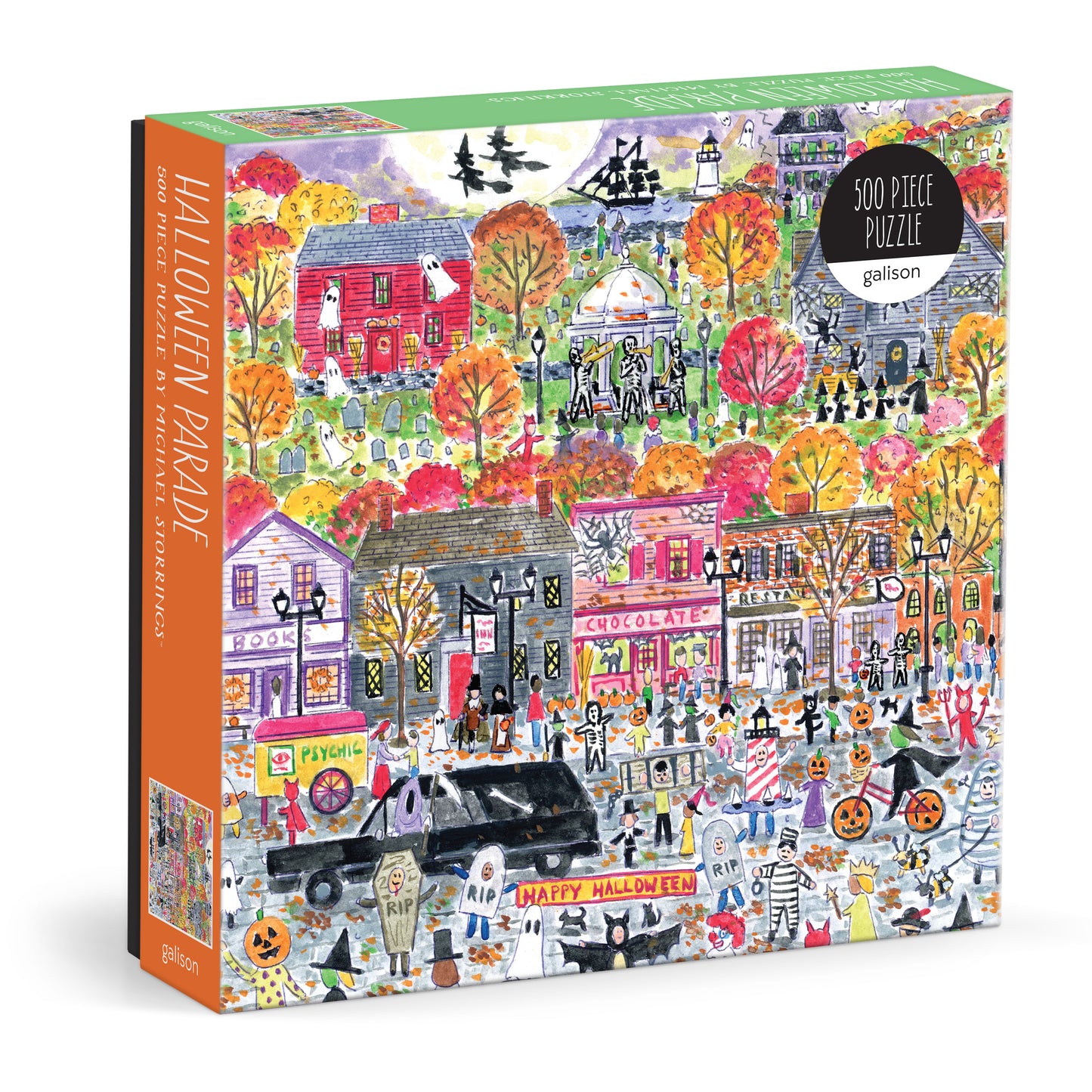 Galison Michael Storrings Halloween Parade 500-piece jigsaw puzzle featuring a festive Halloween parade with costumes, pumpkins, and colorful autumn decorations.
