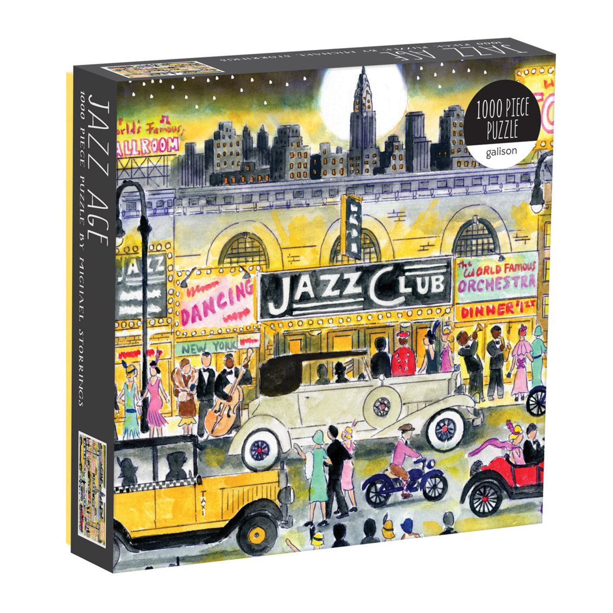 Galison Michael Storrings Jazz Age 1000-piece jigsaw puzzle featuring a glamorous Jazz Age celebration with elegant fashion, lively music, vintage décor, and vibrant Art Deco style.