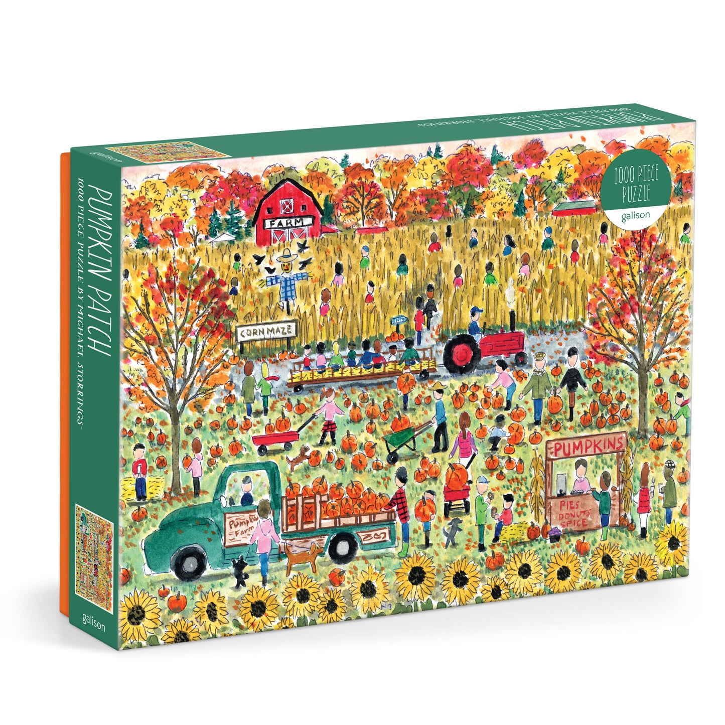 Galison Michael Storrings Pumpkin Patch 1000-piece jigsaw puzzle featuring a festive pumpkin patch with hayrides, autumn decorations, colorful pumpkins, and family-friendly fall activities.