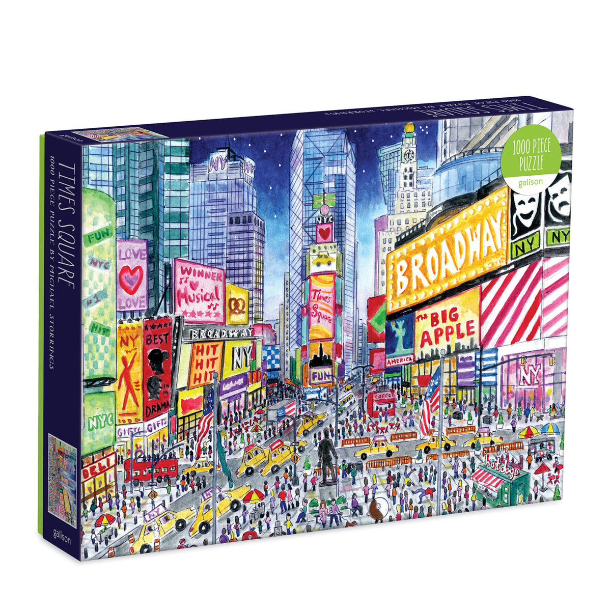Galison Michael Storrings Times Square 1000-piece jigsaw puzzle featuring New York City's iconic Times Square with bright lights, yellow taxis, and bustling streets.