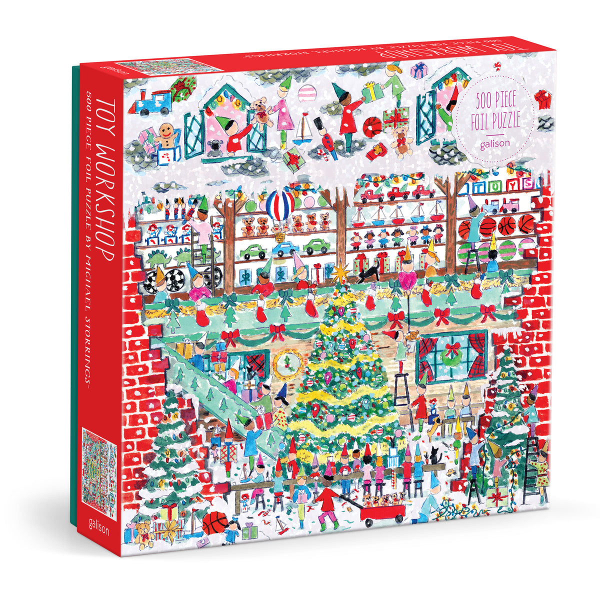 Galison Michael Storrings Toy Workshop 500-piece foil jigsaw puzzle featuring Santa's toy workshop filled with colorful toys, elves, and festive holiday details.