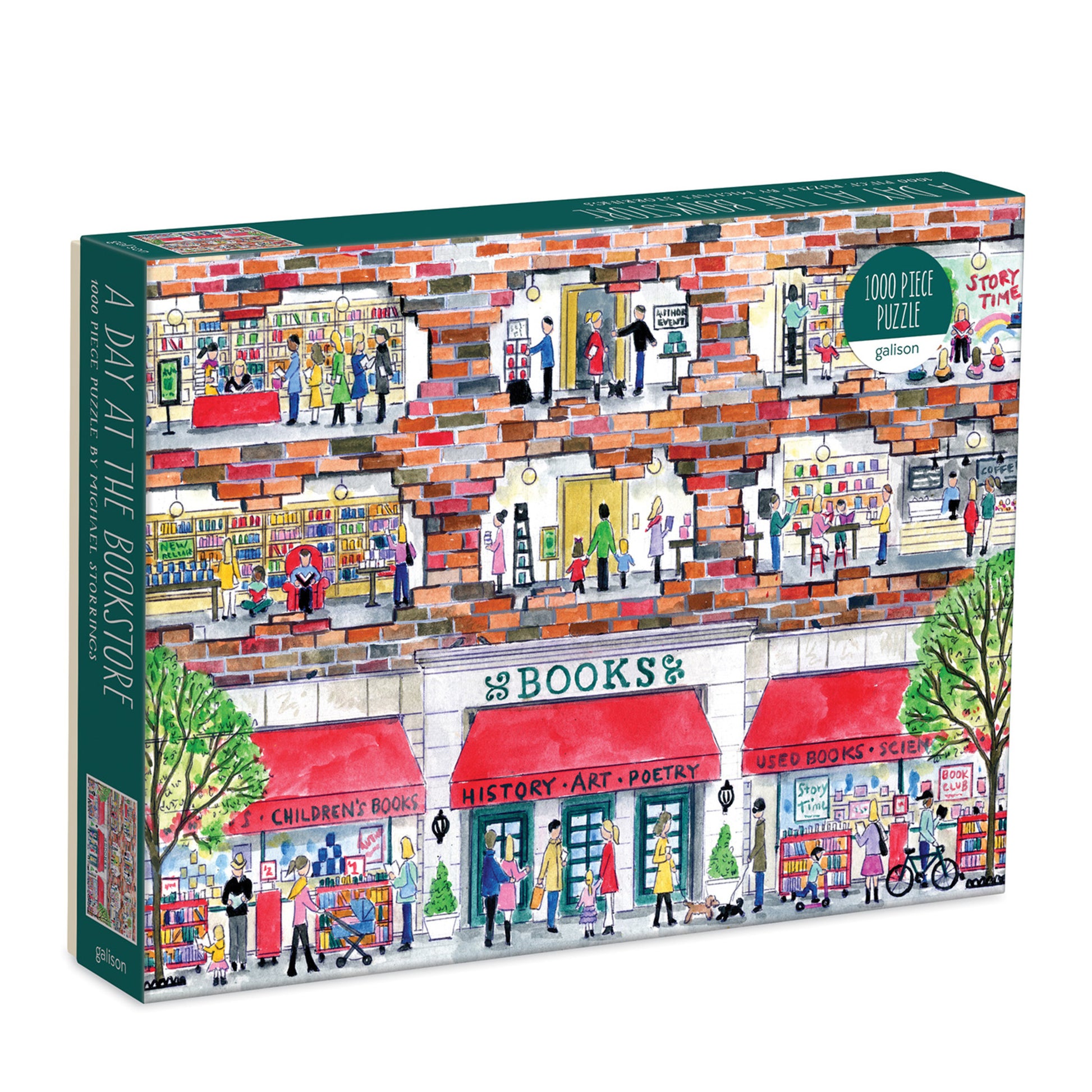 Jigsaw puzzle box featuring a colorful illustration of a bookshop scene with people and books.