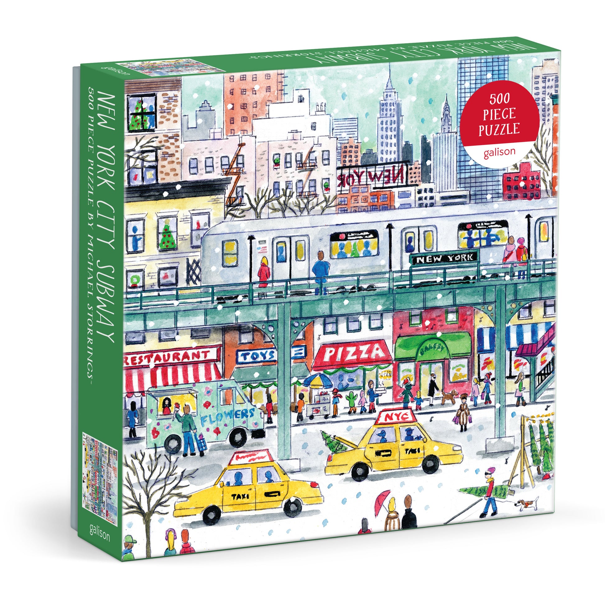 Jigsaw puzzle box with a colorful illustration of a New York City street scene, featuring a subway train and various shops.