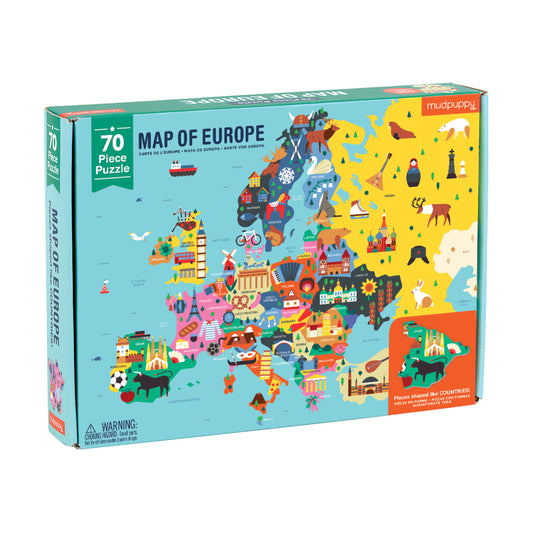 Puzzle box featuring a colorful map of Europe with various illustrations on a white background.