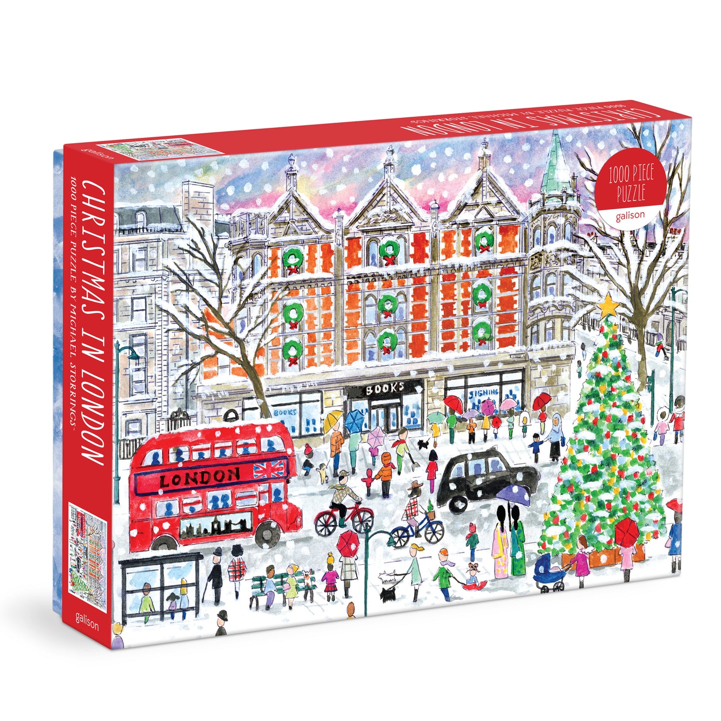 Jigsaw puzzle box featuring a Christmas scene in London with a double-decker bus and festive decorations.