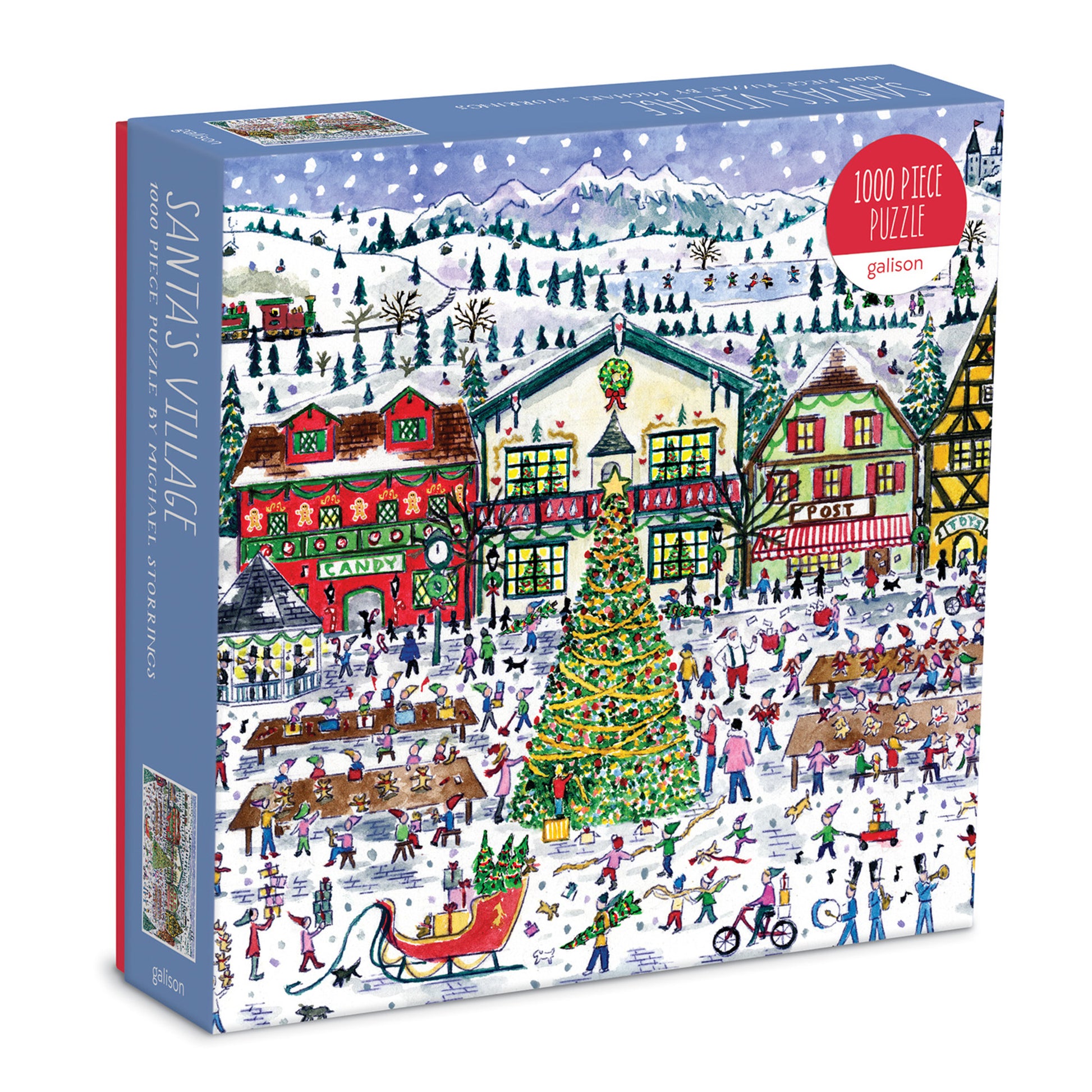 Jigsaw puzzle box featuring a festive village scene with Santa's Village on the cover.