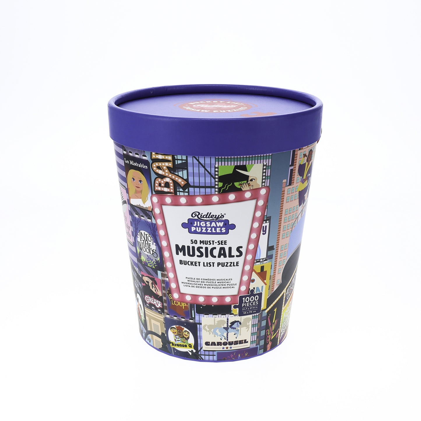 Puzzle bucket with colorful design and purple lid on a white background