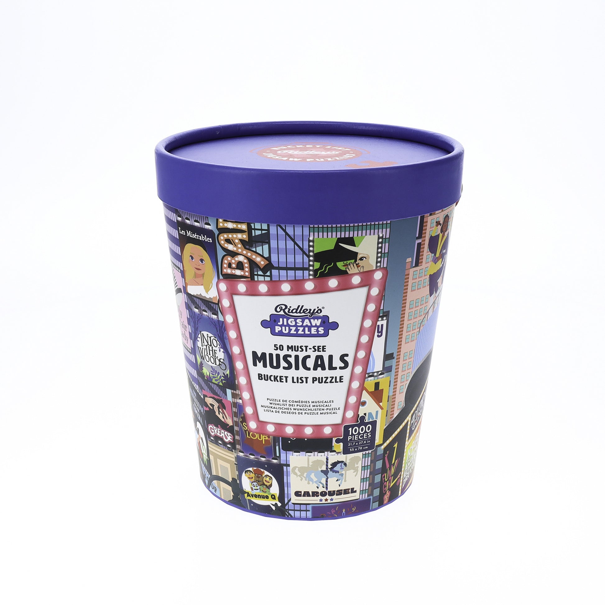 Puzzle bucket with colorful design and purple lid on a white background