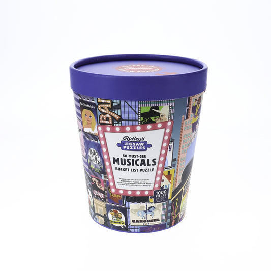 Puzzle bucket with colorful design and purple lid on a white background