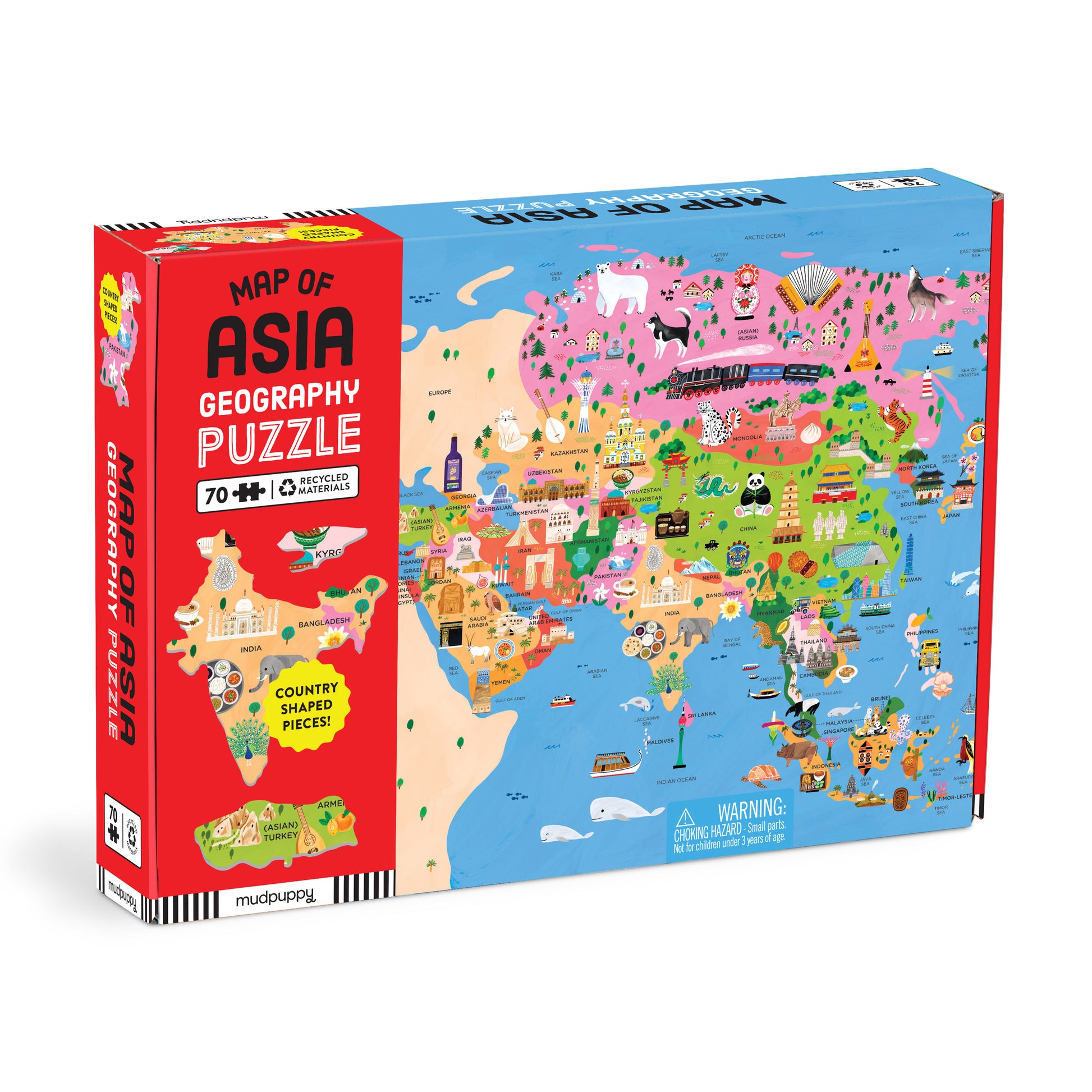 Map of Asia Geography Puzzle box with colorful world map design on a white background