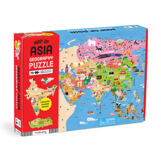 Map of Asia Geography Puzzle box with colorful world map design on a white background