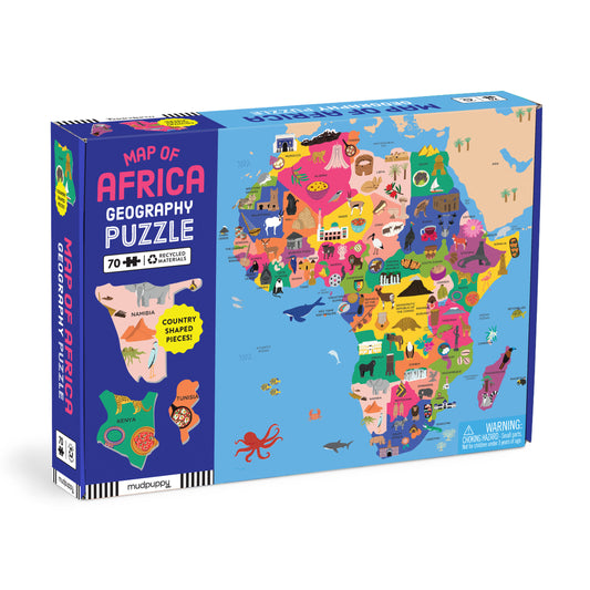 Map of Africa geography puzzle box with colorful design on a white background