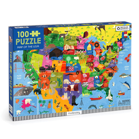 Puzzle box with colorful map of the USA design on a white background