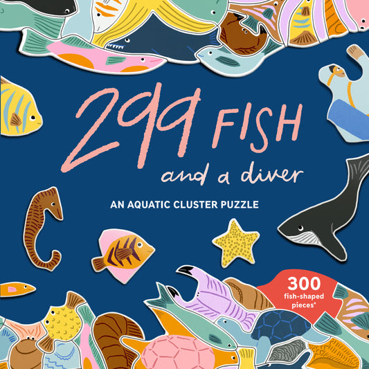 Cover of a puzzle book titled '299 Fish and a Diver' with aquatic animal illustrations on a blue background.