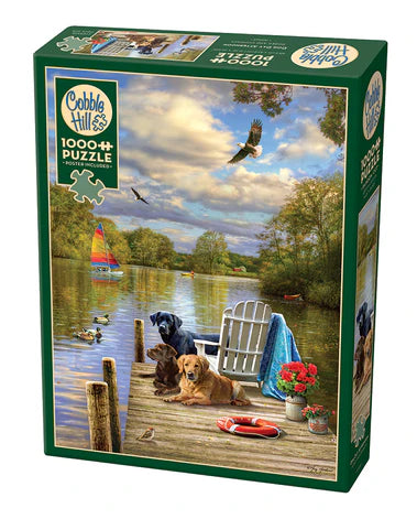 Cobble Hill Dog Day Afternoon 1000-piece jigsaw puzzle featuring playful dogs enjoying a sunny afternoon in a charming outdoor setting.