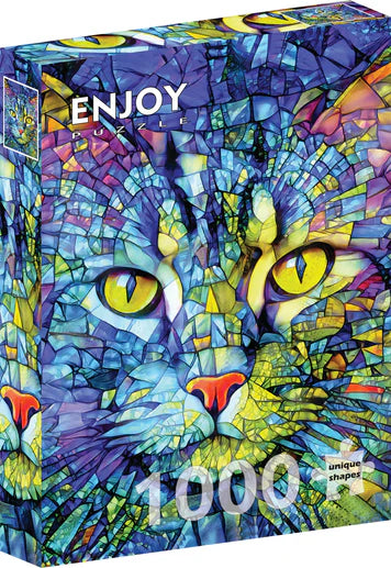 ENJOY Fiona the Stained Glass Cat 1000-piece jigsaw puzzle featuring a colorful stained glass cat surrounded by vibrant floral patterns and intricate artistic details.