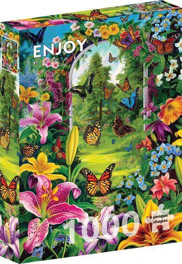 ENJOY Garden Passage 1000-piece jigsaw puzzle featuring a charming garden pathway surrounded by blooming flowers, lush greenery, and colorful botanical scenery.