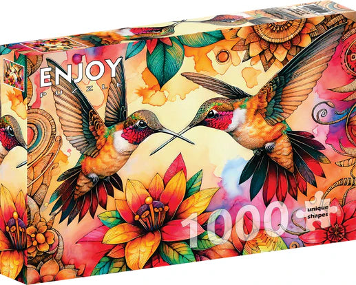 ENJOY Hummingbird Haven 1000-piece jigsaw puzzle featuring colorful hummingbirds surrounded by vibrant flowers, lush gardens, and beautifully detailed nature artwork.