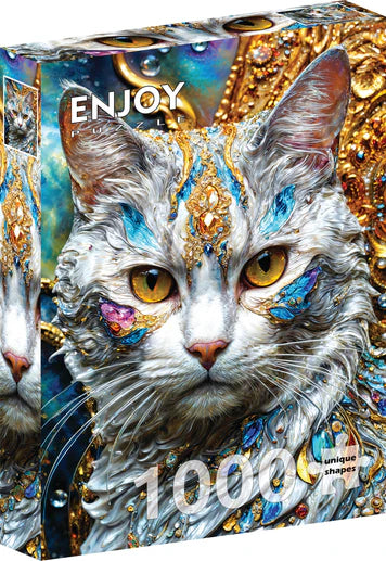 ENJOY Jeweled Cat 1000-piece jigsaw puzzle featuring an elegant cat adorned with colorful jewel-inspired artwork, intricate patterns, and vibrant decorative details.