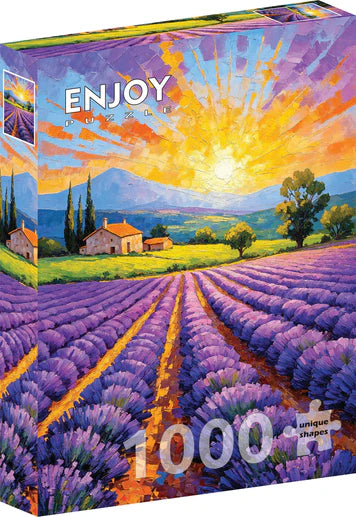 ENJOY Lavender Sunset 1000-piece jigsaw puzzle featuring a peaceful lavender field at sunset with vibrant purple flowers, warm golden light, and scenic countryside views.