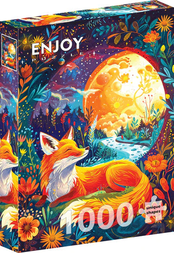 ENJOY Moon Fox 1000-piece jigsaw puzzle featuring a majestic fox beneath a glowing moon surrounded by colorful nature-inspired artwork and intricate details.