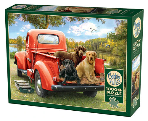 Cobble Hill Fishing Friends 1000-piece jigsaw puzzle featuring loyal dogs relaxing beside a peaceful lakeside fishing scene surrounded by beautiful nature.