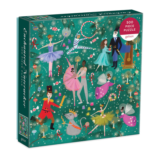 Galison Enchanted Nutcracker 500-piece jigsaw puzzle featuring a magical Christmas Nutcracker scene with festive decorations and whimsical holiday illustrations.