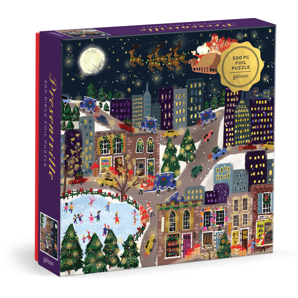 Galison Joy Laforme Presentville 500-piece foil jigsaw puzzle featuring a festive holiday town filled with colorful gift shops, Christmas decorations, and foil accents.