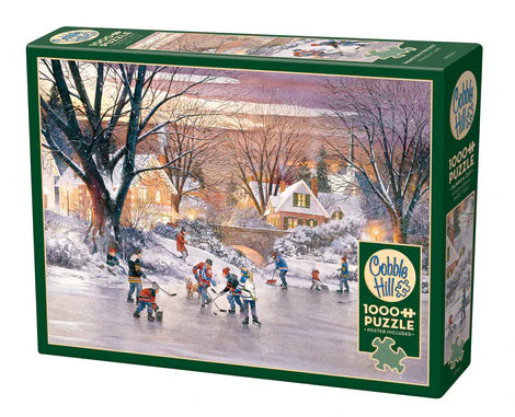 Cobble Hill Hometown Hockey 1000-piece jigsaw puzzle featuring a nostalgic neighborhood hockey game with families, friends, and a classic Canadian winter scene.