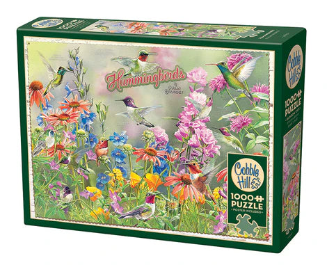 Cobble Hill Hummingbirds 1000-piece jigsaw puzzle featuring colorful hummingbirds hovering among vibrant flowers and lush garden blooms.