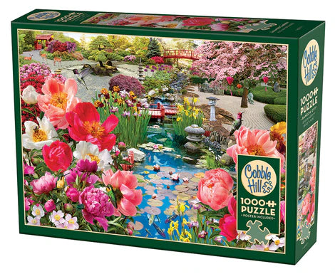 Cobble Hill Japanese Garden 1000-piece jigsaw puzzle featuring a peaceful Japanese garden with blooming flowers, bridges, trees, and tranquil water features.
